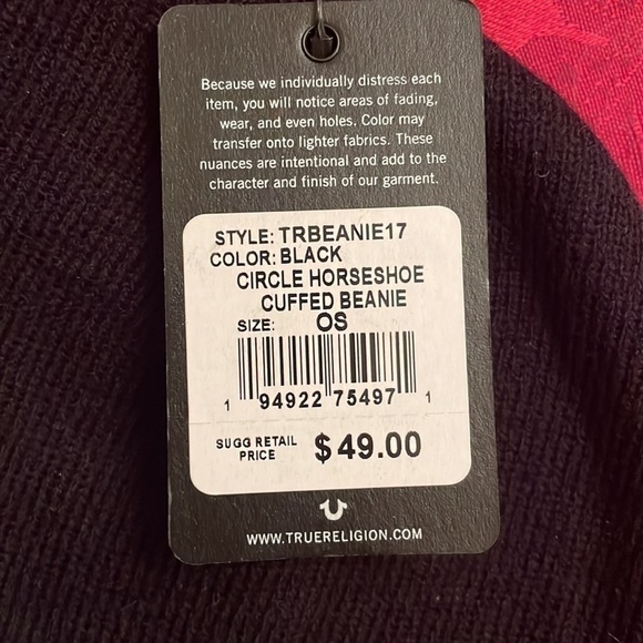 Brand New True Religion Black Knit Cuffed Beanie Hat Red Circle Horseshoe Logo - Picture 5 of 10
